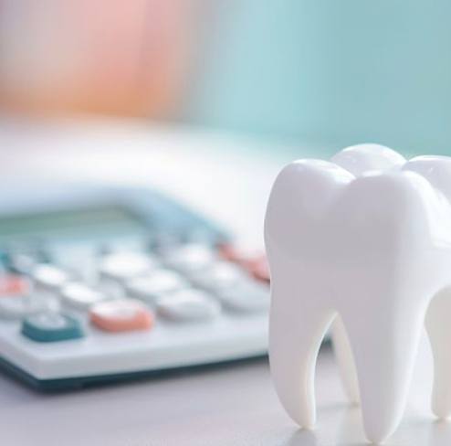 Tooth model sitting in front of calculator