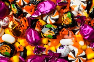 Close up of various Halloween candy